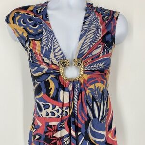 Pre-Owned Sky 100% Silk Y2K Top with Tiger Head Brooch – Size M
